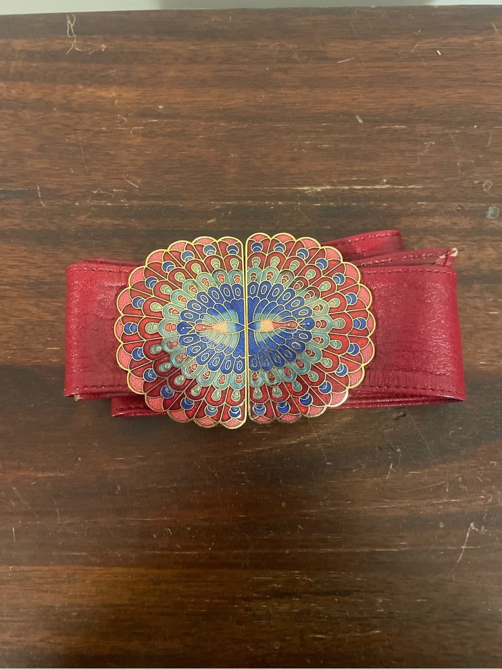Cloisonné Peacock with Leather Red Belt Women’s 33 inch